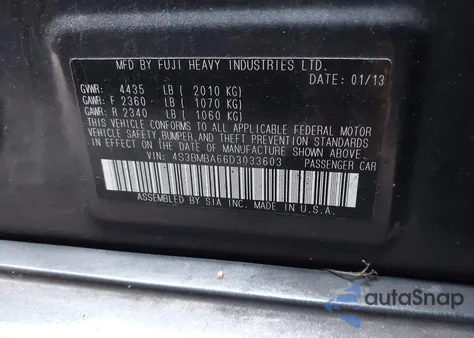 2013 Subaru Legacy 2.5I из США, поврежденный, VIN 4S3BMBA66D3033603